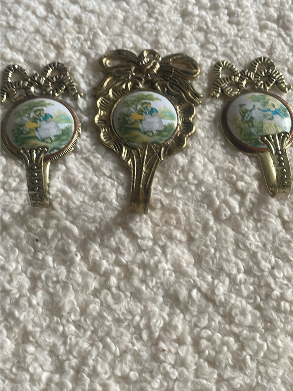Vintage Brass Decorative Hooks with Porcelain Cameo Insets - Green Accents